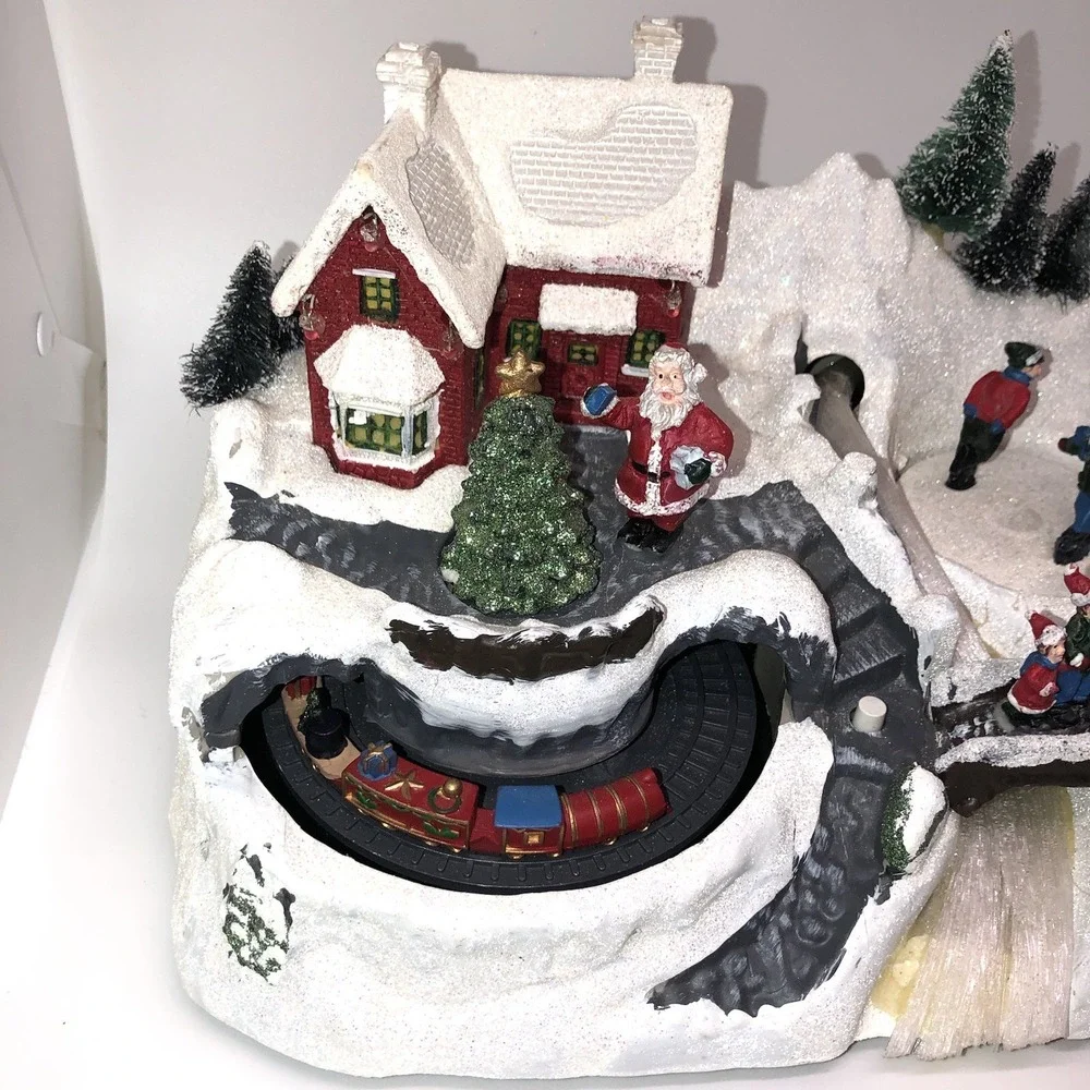 WORKING Holiday Christmas LED Fiber Optic Village Train Skaters Santa Bridge